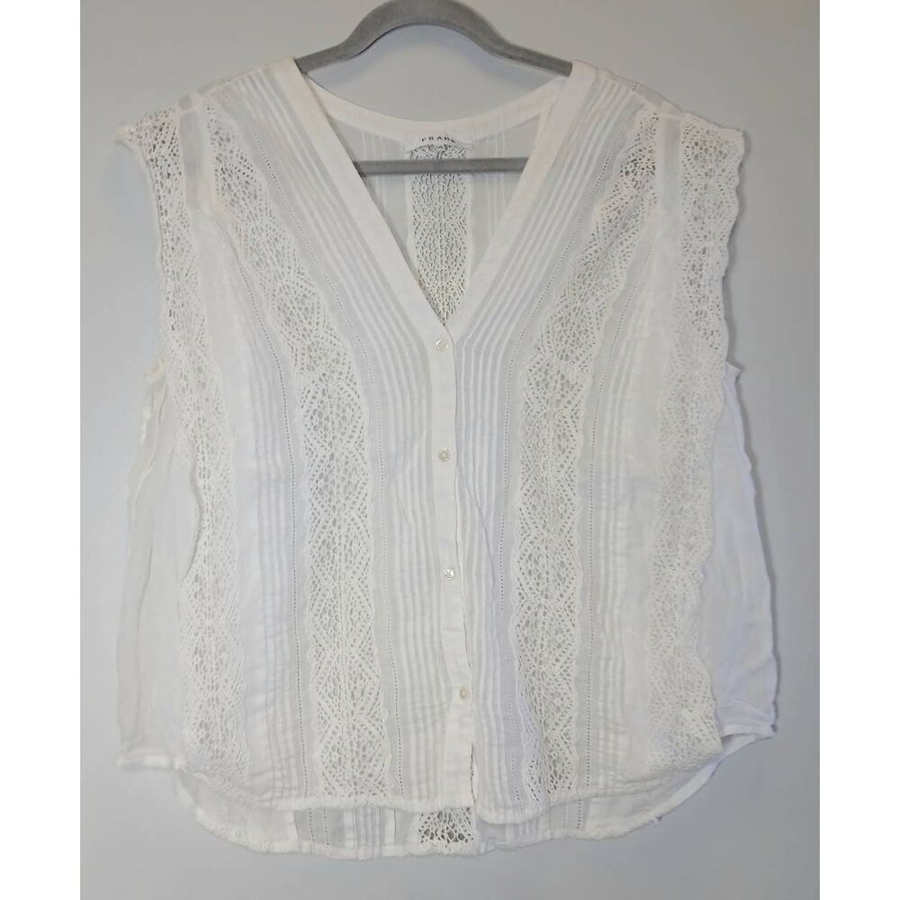 Frame womens large white linen blouse sheer crochet top shirt